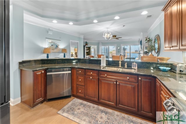 kitchen with dishwasher, light wood-type flooring, crown molding, and sink