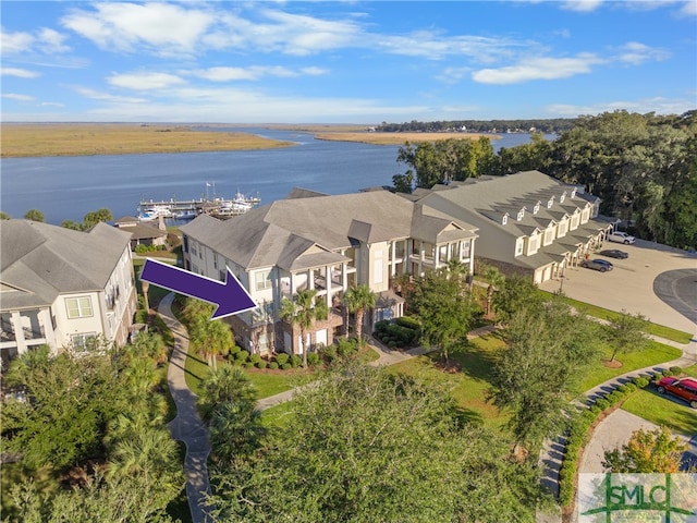 aerial view featuring a water view