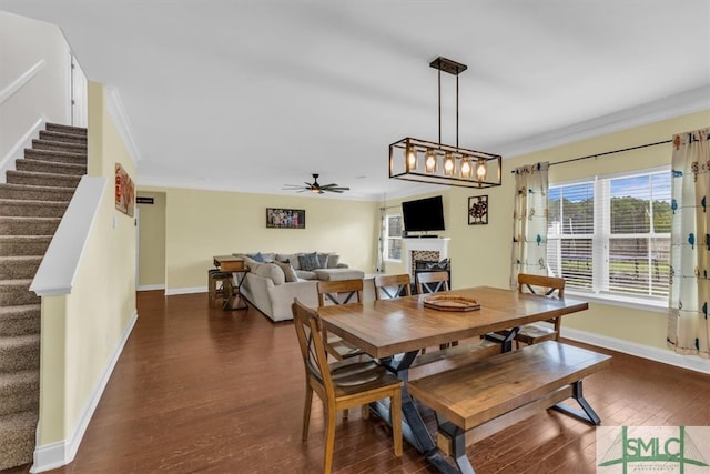 dining area with dark wood-type flooring, ceiling fan, and ornamental molding