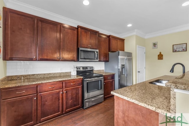 kitchen with appliances with stainless steel finishes, light stone counters, sink, and dark hardwood / wood-style floors