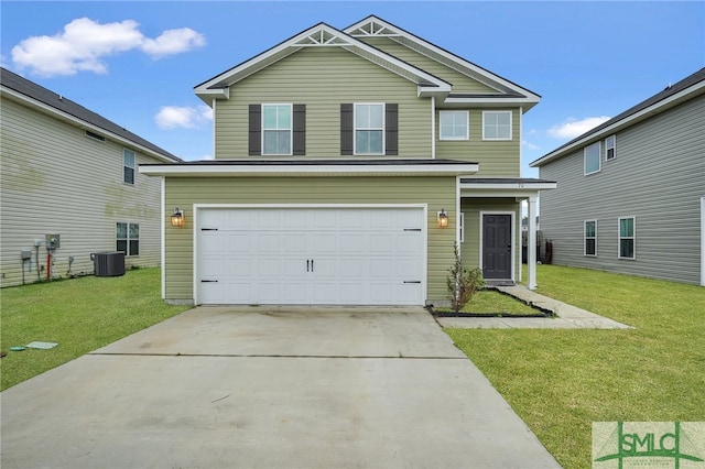 view of front of property featuring a garage, a front yard, and central AC