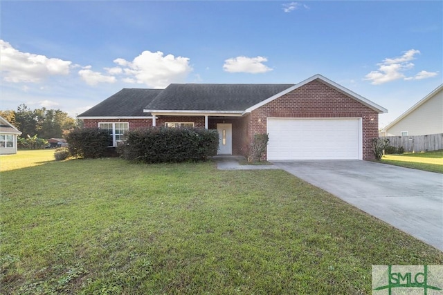 ranch-style house with a garage and a front yard