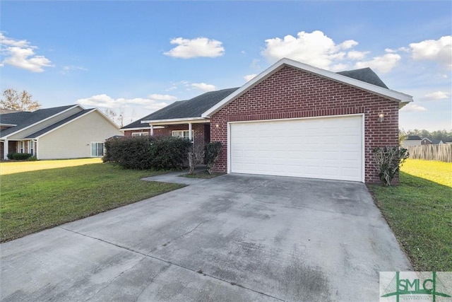 ranch-style home with a garage and a front yard