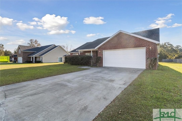 single story home with a garage and a front yard