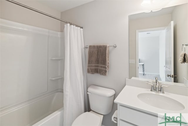 full bathroom with toilet, vanity, and shower / tub combo with curtain