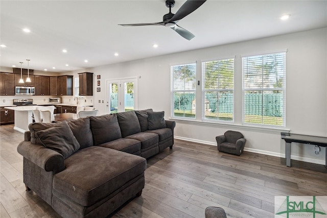 living room with a wealth of natural light, sink, and light hardwood / wood-style floors