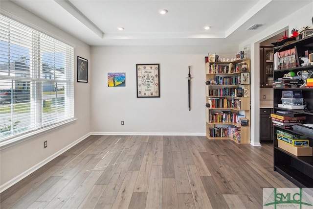 interior space featuring hardwood / wood-style flooring and a raised ceiling