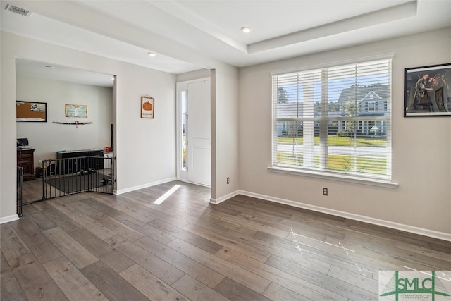 entryway with hardwood / wood-style floors and a raised ceiling