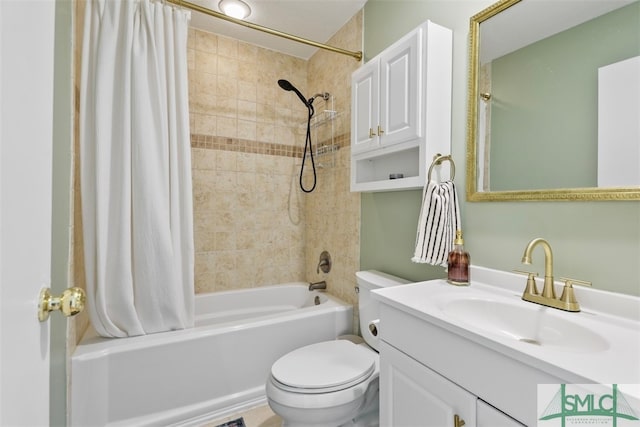 full bathroom featuring vanity, toilet, and shower / bathtub combination with curtain