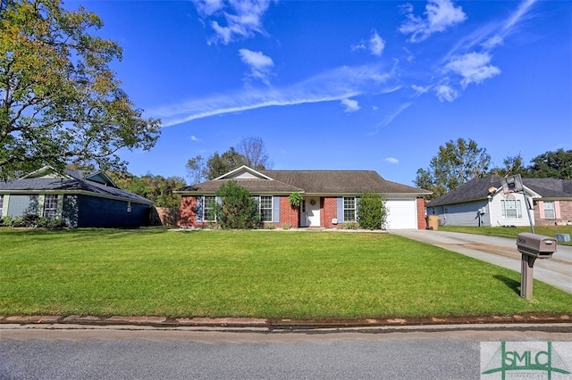 ranch-style house with a garage and a front lawn