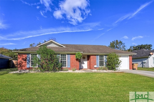 single story home featuring a front yard and a garage