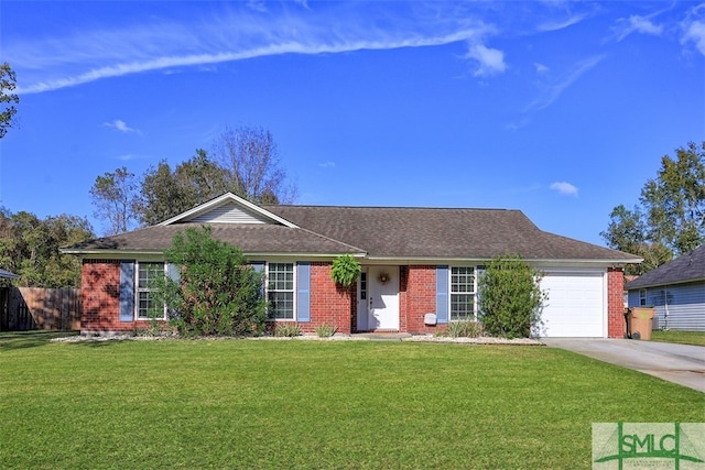 ranch-style house with a front yard and a garage