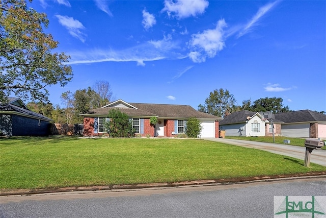 single story home with a garage and a front lawn