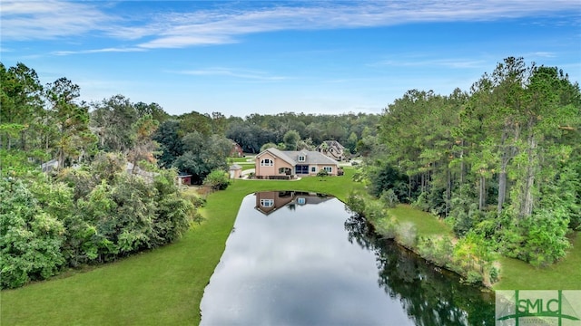 bird's eye view with a water view