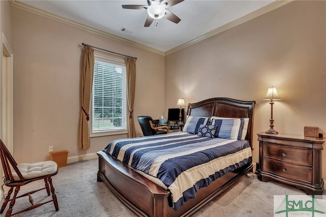 bedroom featuring light carpet, ceiling fan, and ornamental molding