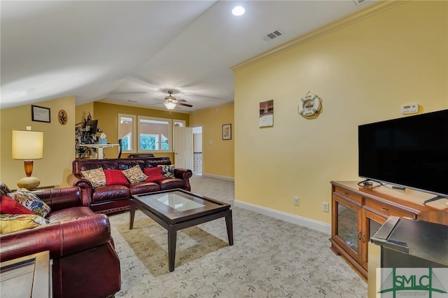 carpeted living room featuring ceiling fan, crown molding, and vaulted ceiling