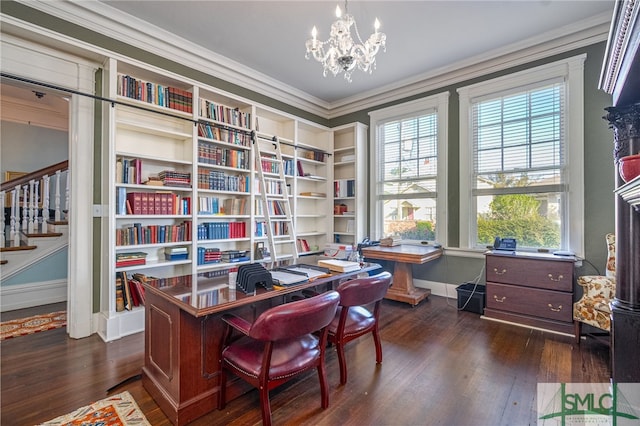 18 E 34th St, Savannah, GA 31401 - home office with dark wood-style floors, crown molding, baseboards, and a chandelier