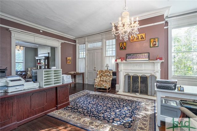 18 E 34th St, Savannah, GA 31401 - office area with a chandelier, crown molding, wood finished floors, a fireplace, and healthy amount of natural light