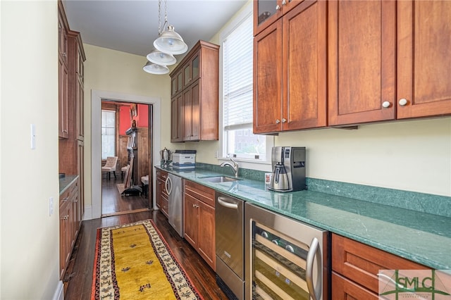 18 E 34th St, Savannah, GA 31401 - kitchen with wine cooler, a sink, dark wood-type flooring, glass insert cabinets, and dark stone countertops
