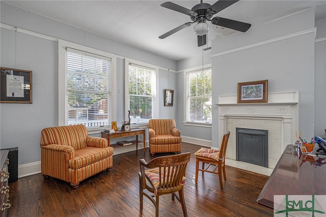 18 E 34th St, Savannah, GA 31401 - sitting room featuring wood finished floors, baseboards, a fireplace, and ceiling fan