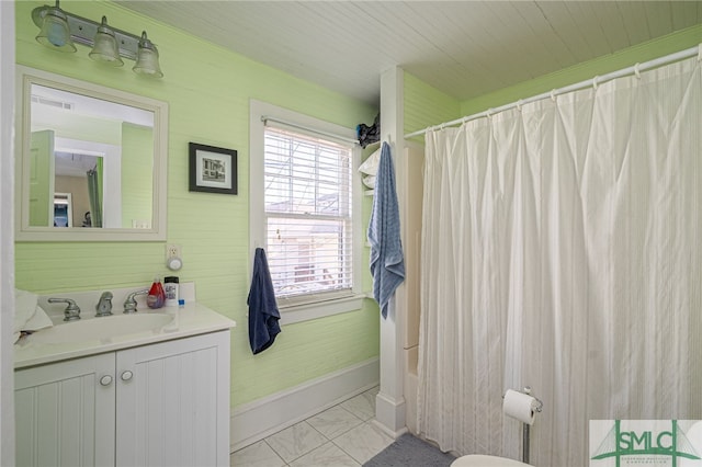 18 E 34th St, Savannah, GA 31401 - bathroom with vanity, baseboards, marble finish flooring, curtained shower, and toilet
