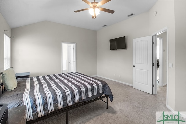 bedroom featuring light colored carpet, ceiling fan, and lofted ceiling