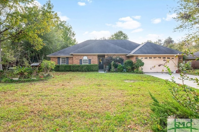 single story home with a garage and a front yard