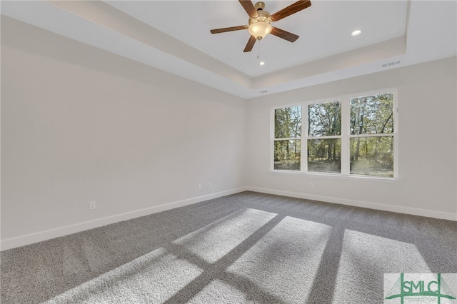 carpeted spare room with a raised ceiling and ceiling fan