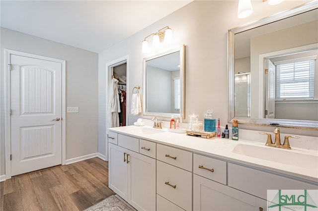 bathroom featuring wood-type flooring, vanity, and a shower with shower door