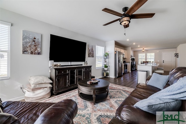 living room featuring ceiling fan and dark hardwood / wood-style flooring