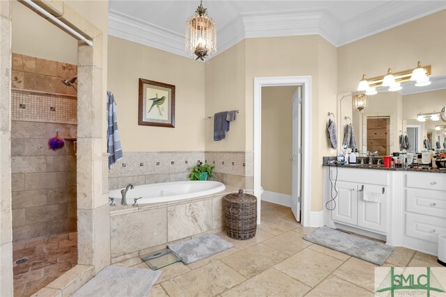 102 Reserve Cir, Savannah, GA 31421 - full bath featuring a bath, vanity, tiled shower, crown molding, and a chandelier