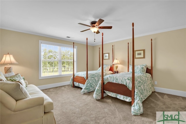 bedroom with carpet floors, ceiling fan, and ornamental molding