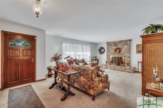 carpeted living room featuring a fireplace