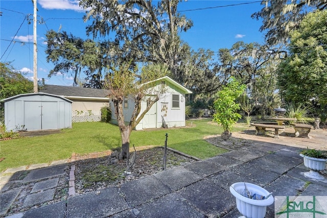 view of yard with a patio and a storage unit