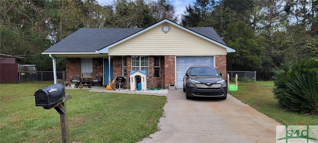 view of front of home featuring covered porch, a garage, and a front lawn