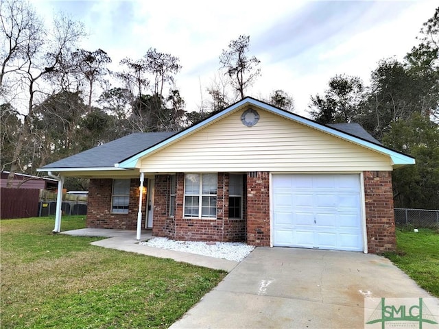 ranch-style home with brick siding, a porch, concrete driveway, a garage, and a front lawn