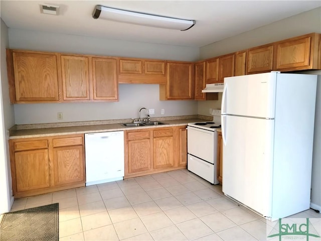 kitchen featuring visible vents, light countertops, a sink, white appliances, and under cabinet range hood