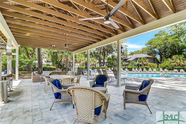 view of patio with ceiling fan and a community pool