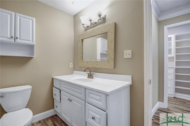 bathroom featuring vanity, toilet, and wood-type flooring