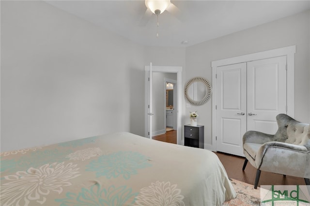 bedroom with ceiling fan, dark hardwood / wood-style floors, and a closet