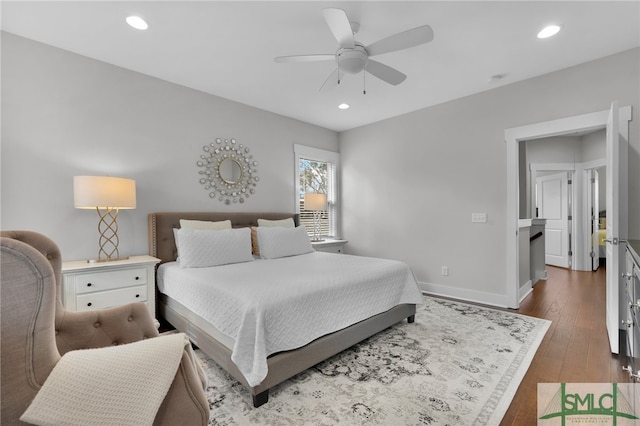 bedroom featuring ceiling fan and dark wood-type flooring