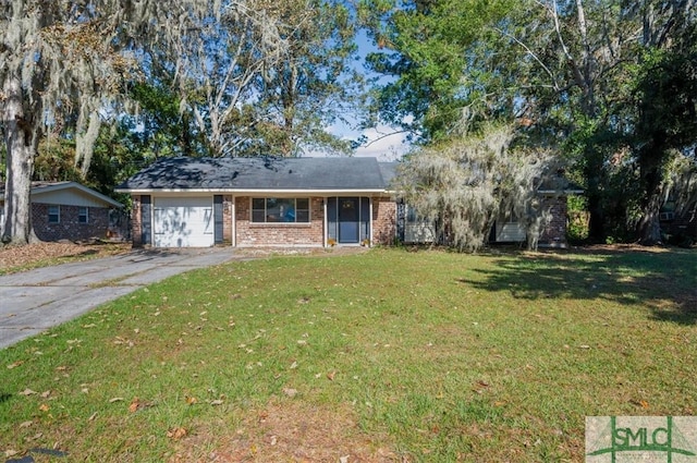 ranch-style home with a front lawn and a garage