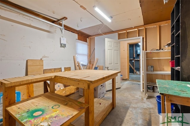 basement with a workshop area