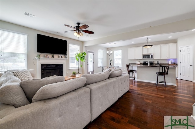 living room with ceiling fan with notable chandelier and dark hardwood / wood-style floors