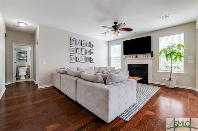 living room featuring ceiling fan and dark wood-type flooring