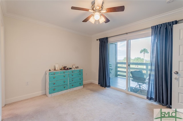 carpeted bedroom featuring access to outside, ceiling fan, and crown molding