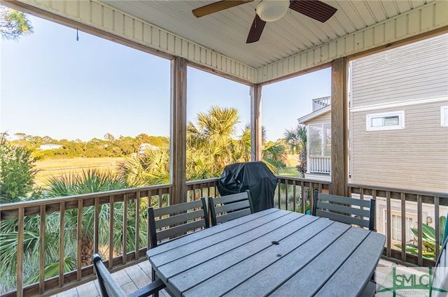 sunroom / solarium featuring ceiling fan and wooden ceiling