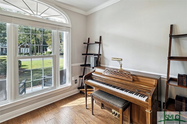 misc room with hardwood / wood-style flooring and crown molding