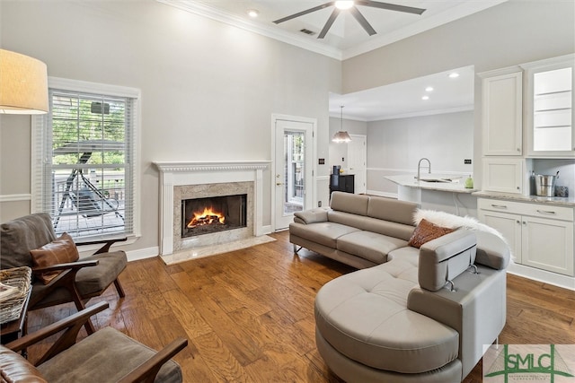 living room with ornamental molding, ceiling fan, sink, wood-type flooring, and a premium fireplace