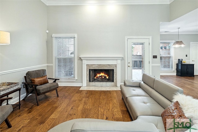 living room featuring hardwood / wood-style floors, a wealth of natural light, and ornamental molding